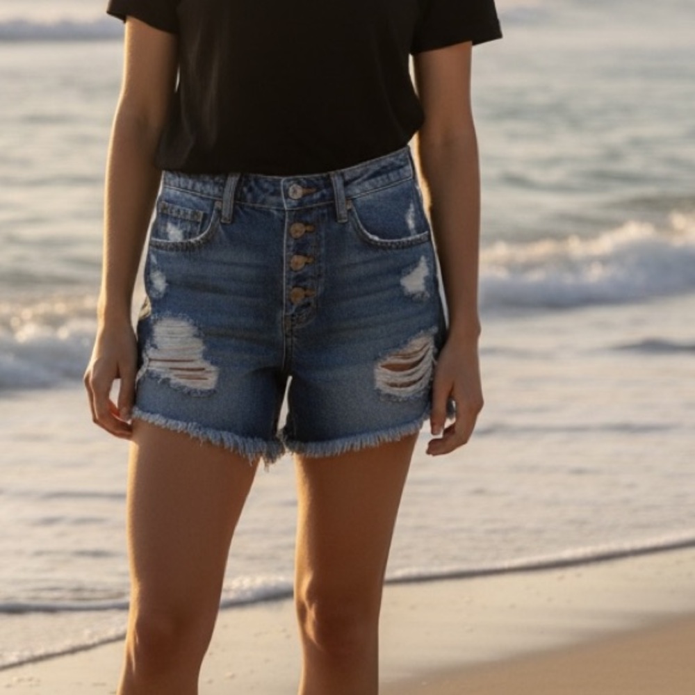 Altar’d State Exposed Button Fly Distressed Denim Shorts S